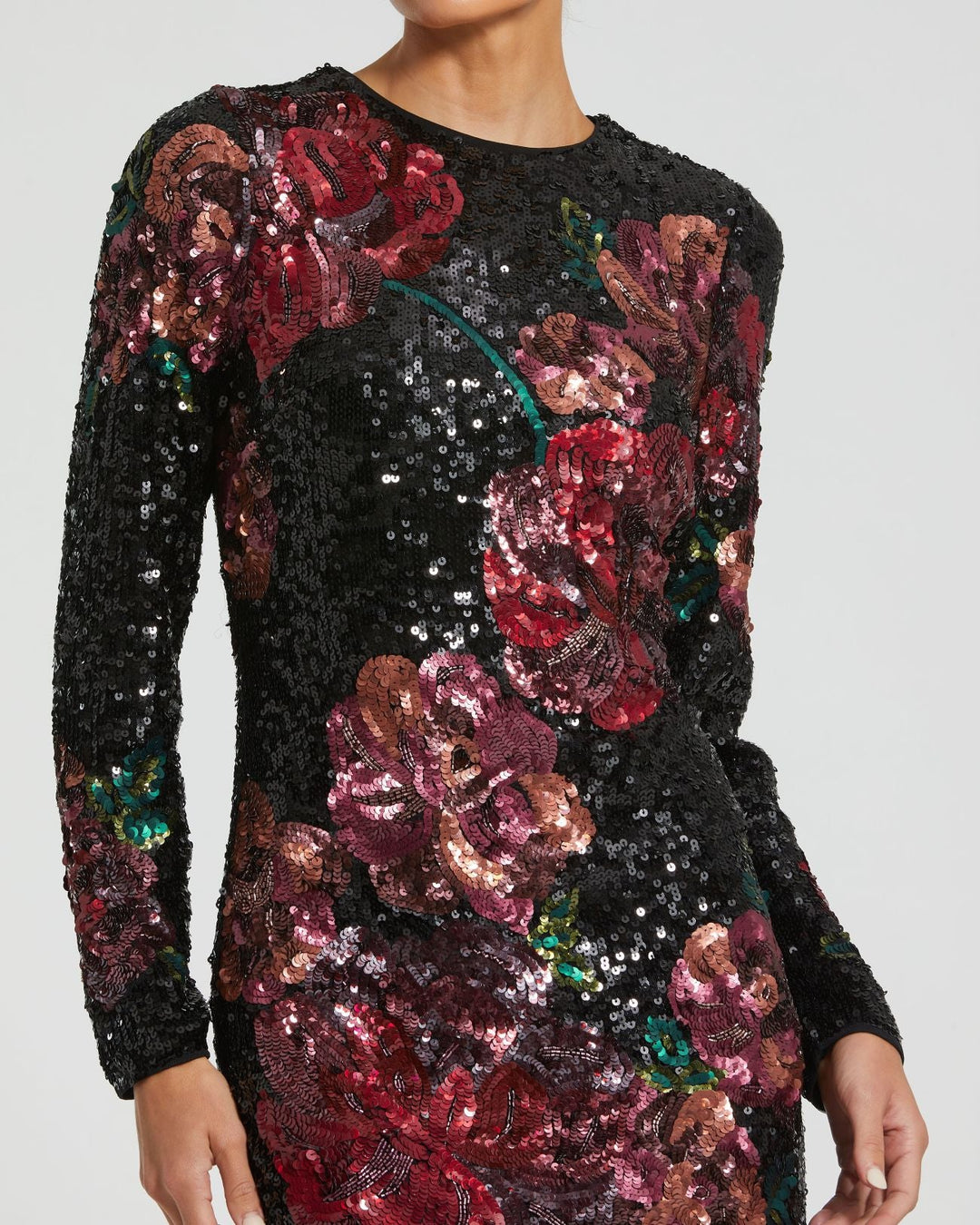 Mac Duggal 6261 Floral Sequin Embellished Long Sleeve Mini Dress