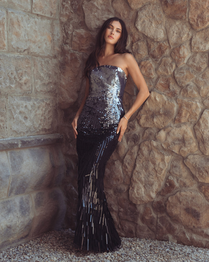 Mac Duggal 6265 Ombre Sequin Strapless Fringe Gown