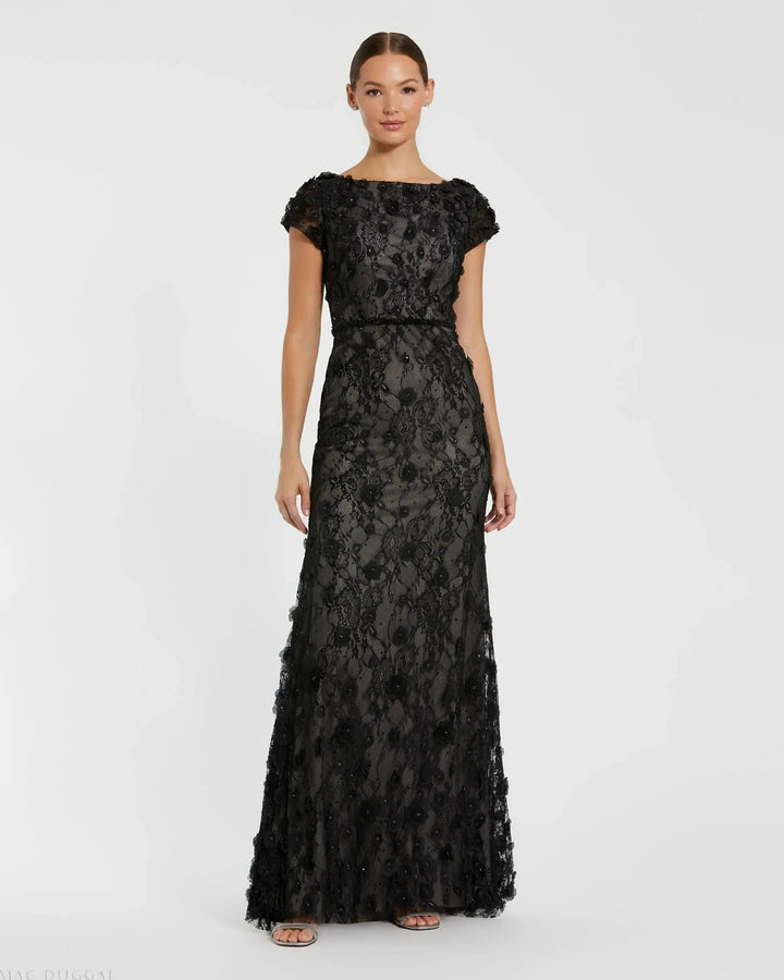 Mac Duggal 67711 Floral Applique Boat Neck Short Sleeve Gown