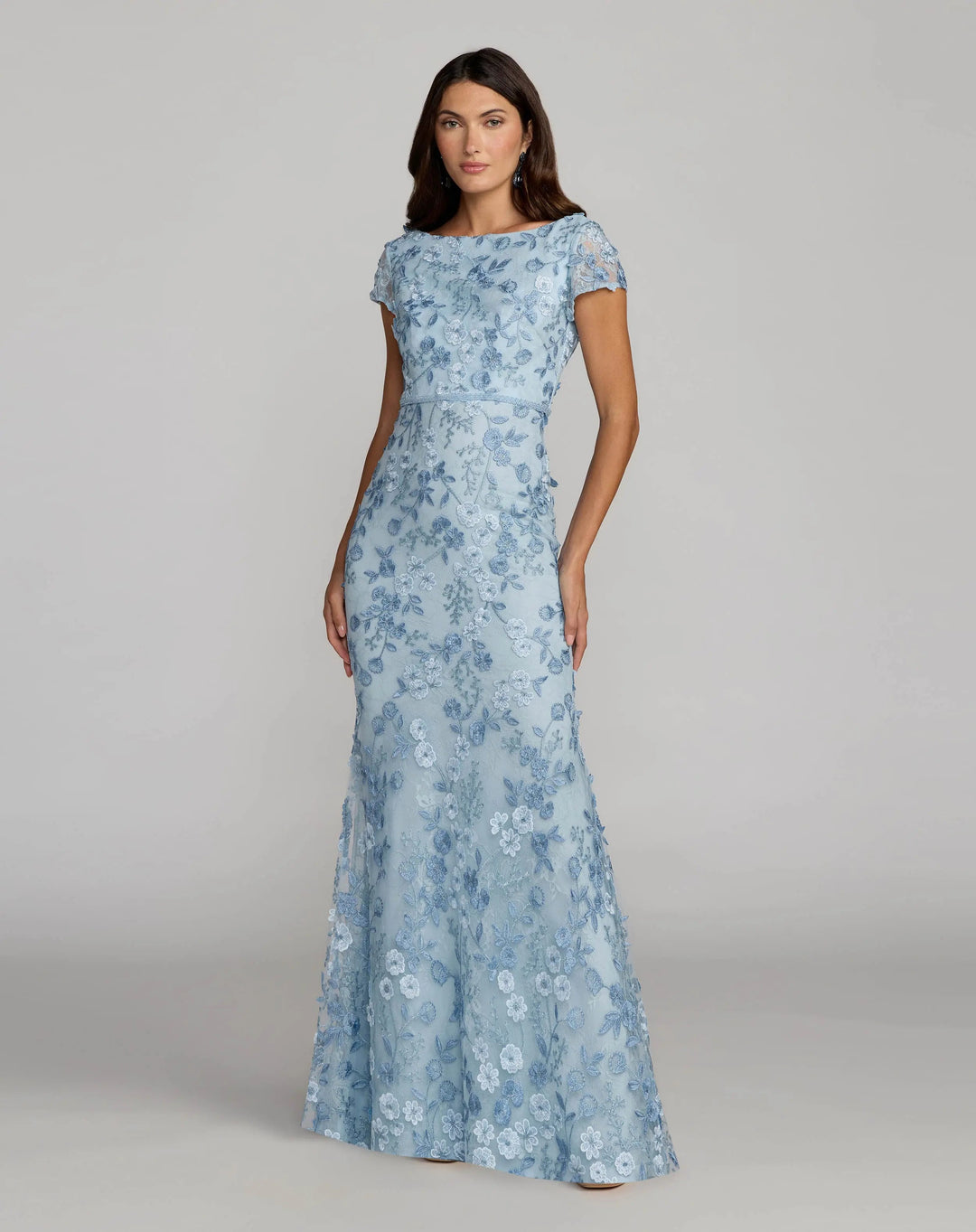Mac Duggal 67711 Floral Applique Boat Neck Short Sleeve Gown