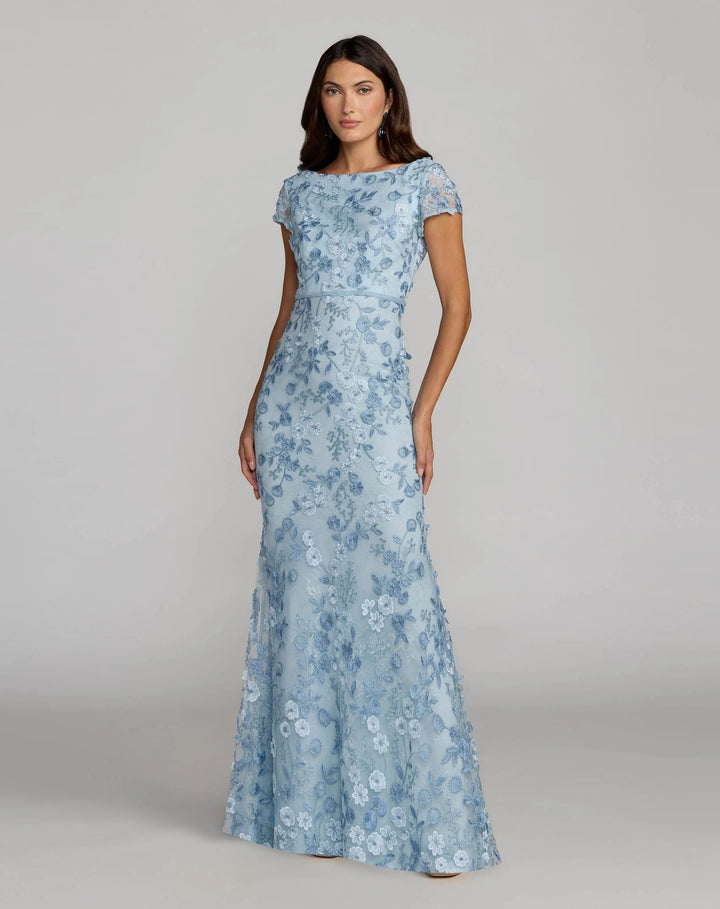 Mac Duggal 67711 Floral Applique Boat Neck Short Sleeve Gown