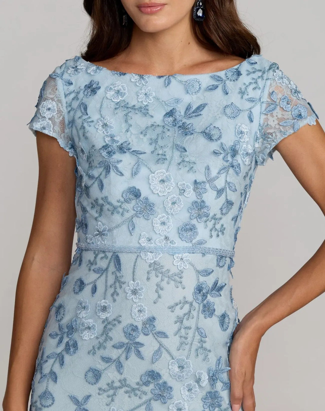Mac Duggal 67711 Floral Applique Boat Neck Short Sleeve Gown