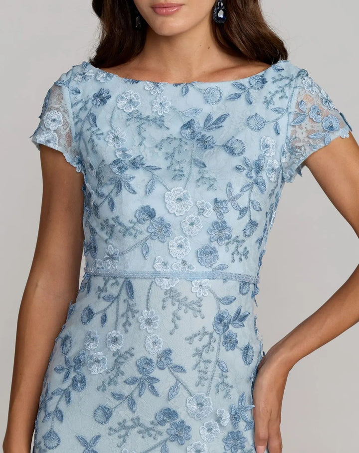 Mac Duggal 67711 Floral Applique Boat Neck Short Sleeve Gown