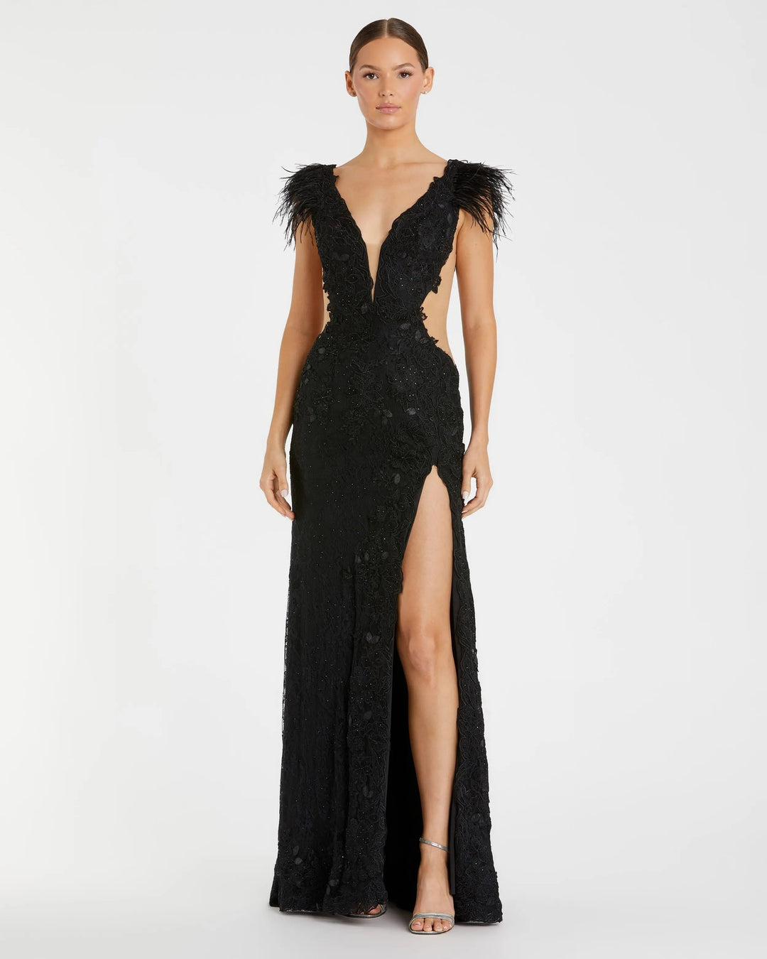 Mac Duggal 67782 Black Feather Cap Sleeve Lace Gown