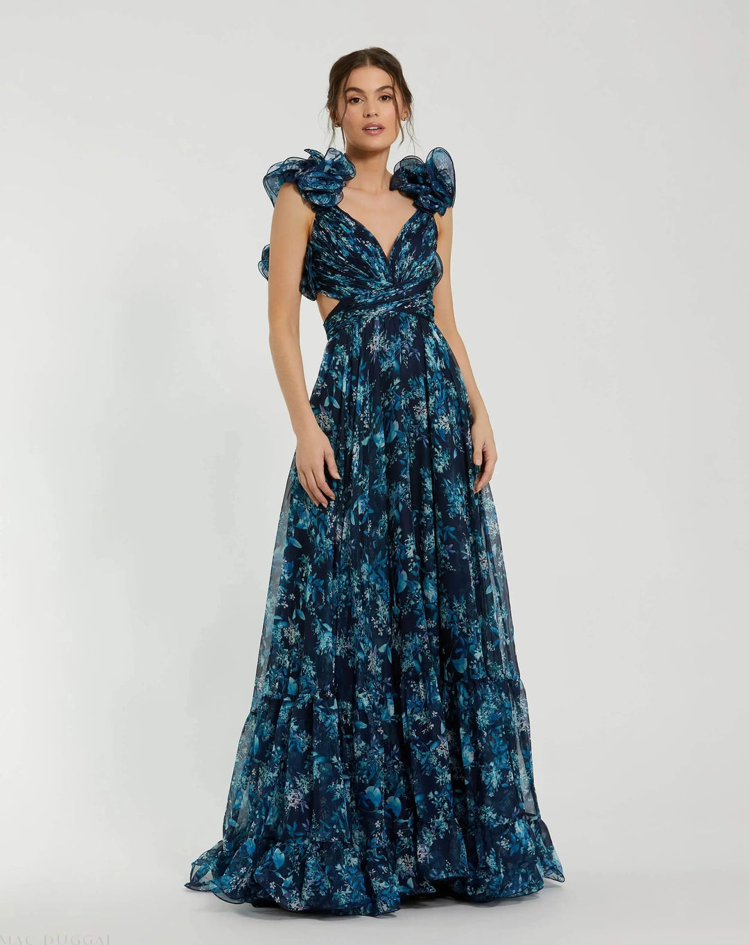 Mac Duggal 67803 Ruffle Tiered Floral Cut-Out Chiffon Gown