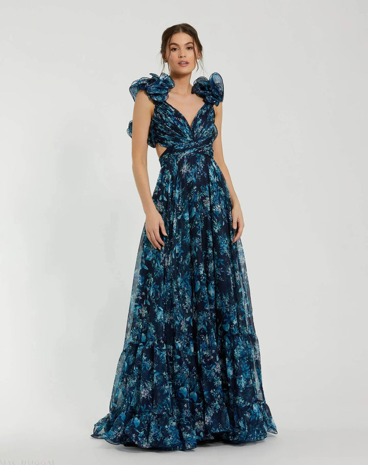 Mac Duggal 67803 Ruffle Tiered Floral Cut-Out Chiffon Gown