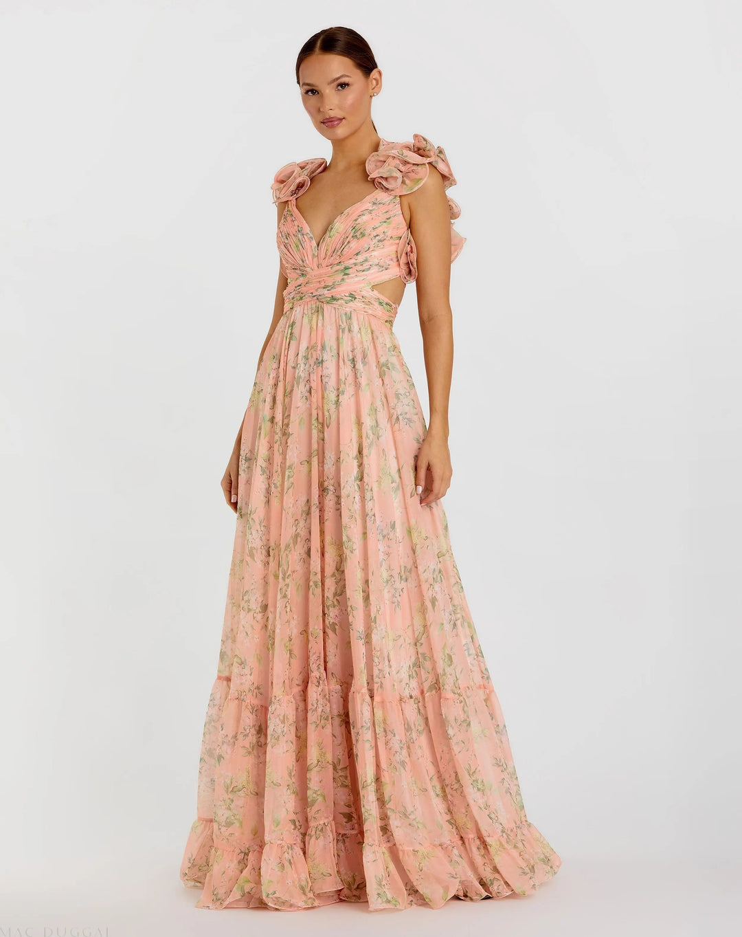 Mac Duggal 67803 Ruffle Tiered Floral Cut-Out Chiffon Gown