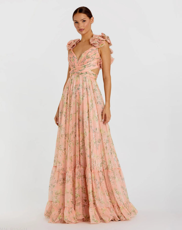 Mac Duggal 67803 Ruffle Tiered Floral Cut-Out Chiffon Gown