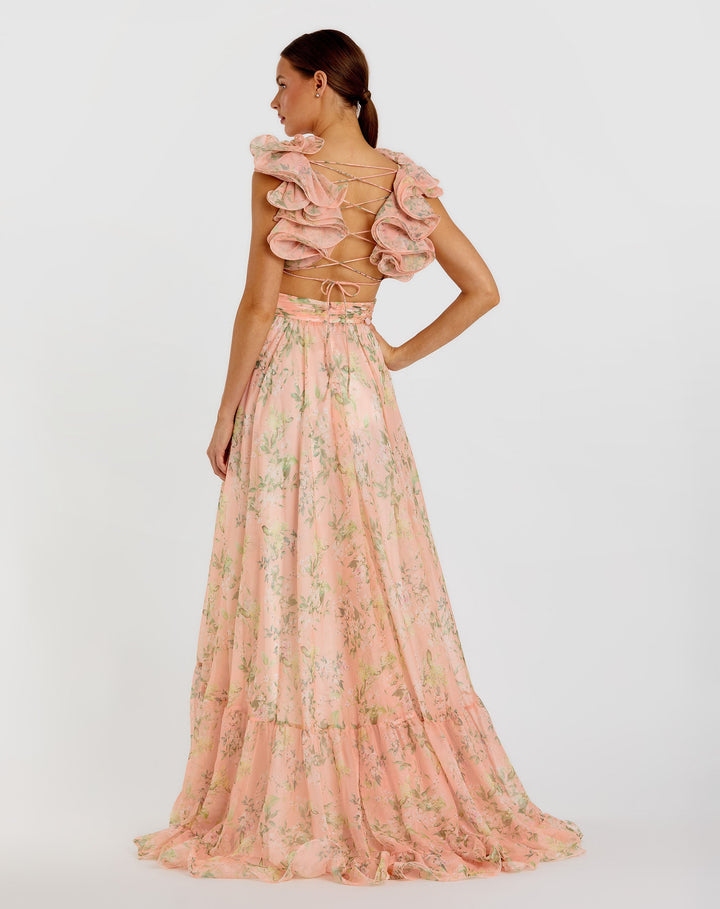 Mac Duggal 67803 Ruffle Tiered Floral Cut-Out Chiffon Gown