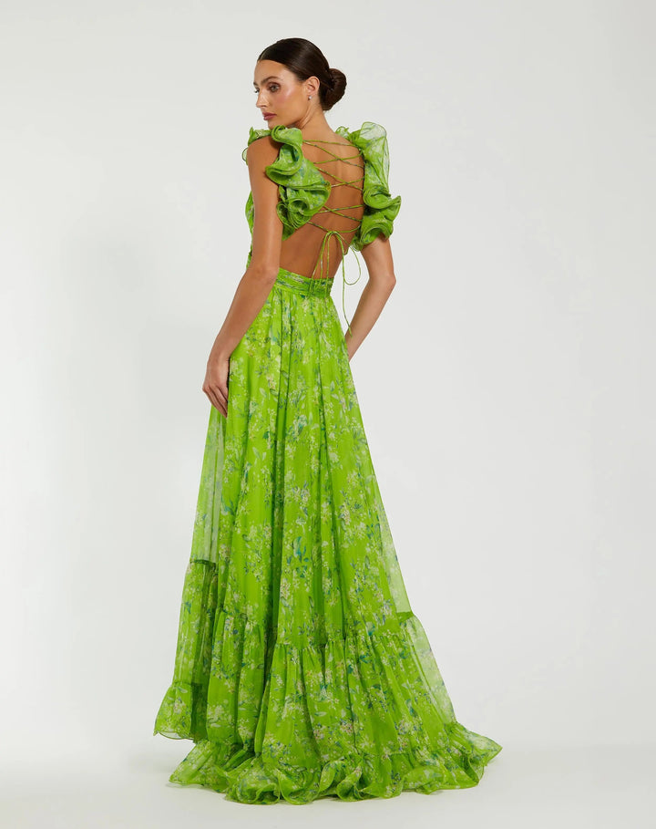 Mac Duggal 67803 Ruffle Tiered Floral Cut-Out Chiffon Gown