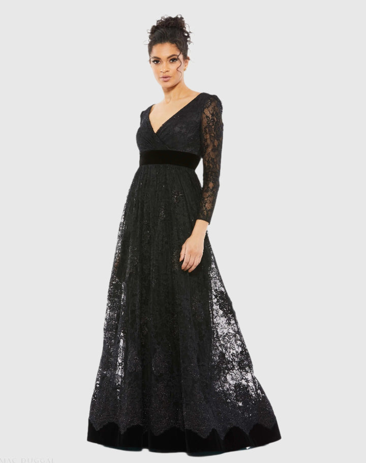 Mac Duggal 67861 Lace Long Sleeve V-Neck Wrap Over Gown
