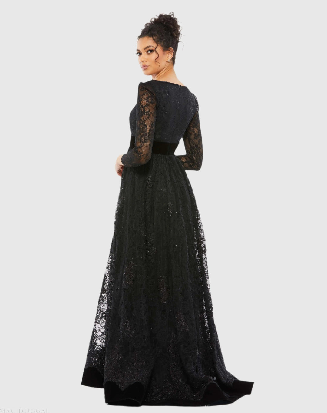 Mac Duggal 67861 Lace Long Sleeve V-Neck Wrap Over Gown