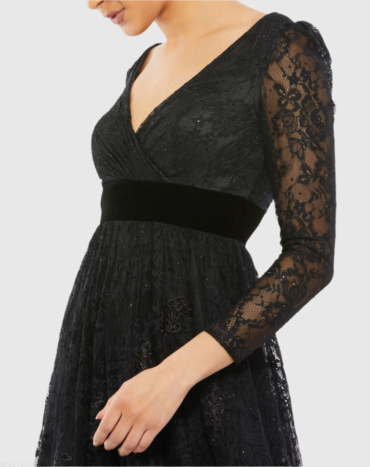 Mac Duggal 67861 Lace Long Sleeve V-Neck Wrap Over Gown
