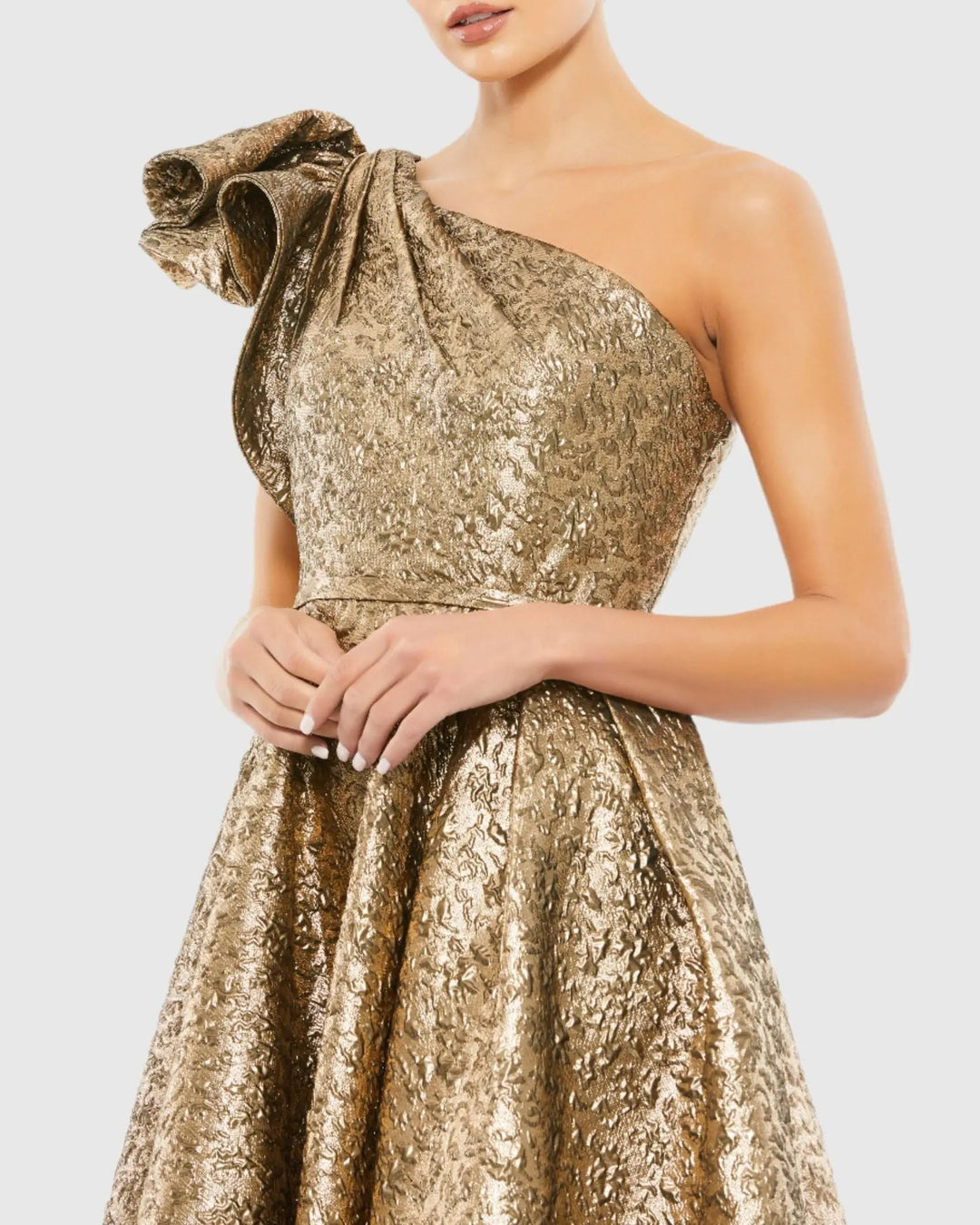 Mac Duggal 67906 Gold One Shoulder Bow Midi Dress With Pockets