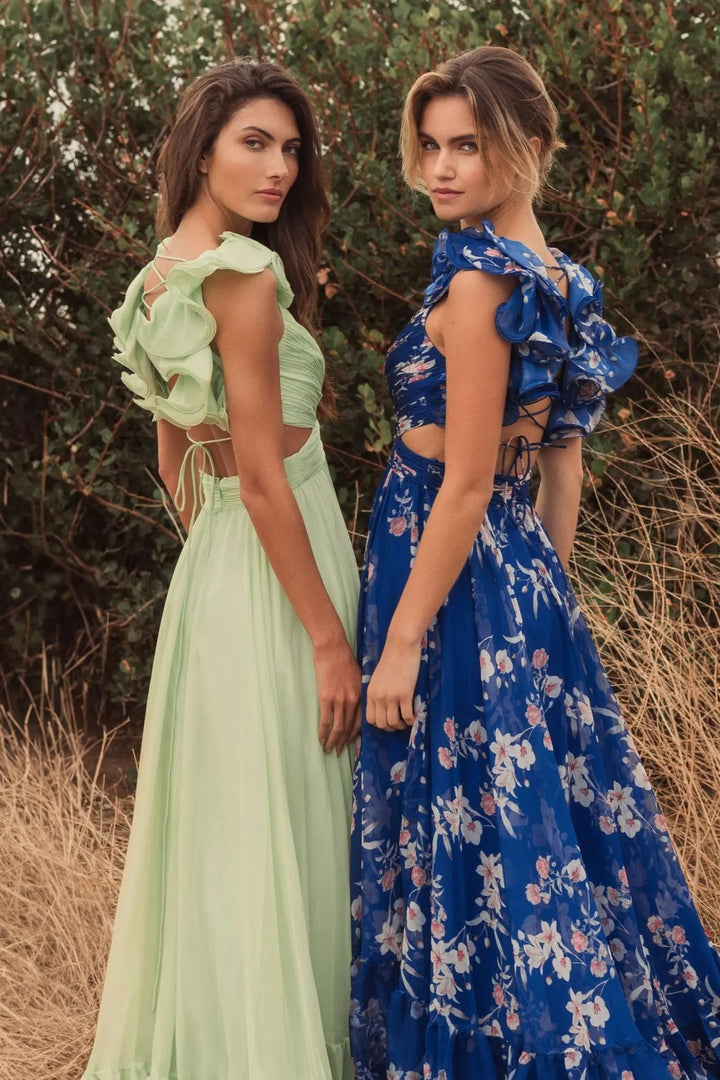 Mac Duggal 68520 Ruffle Tiered Floral Cut-Out Chiffon Gown