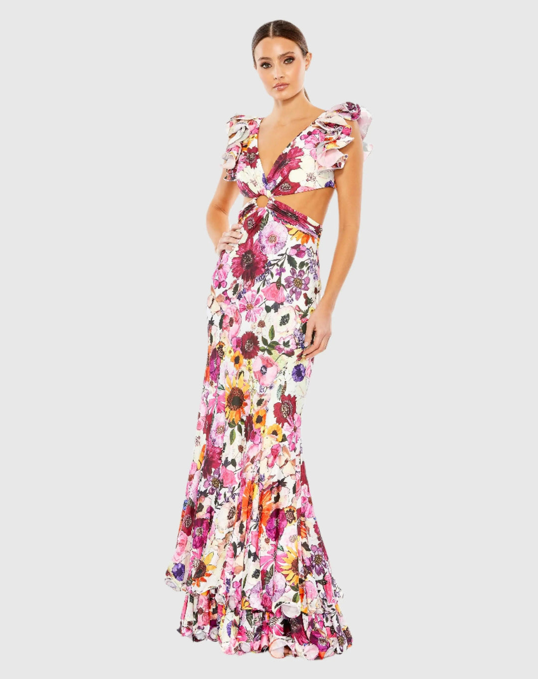 Mac Duggal 68107 Floral Print Ruffle Shoulder Cut Out Gown