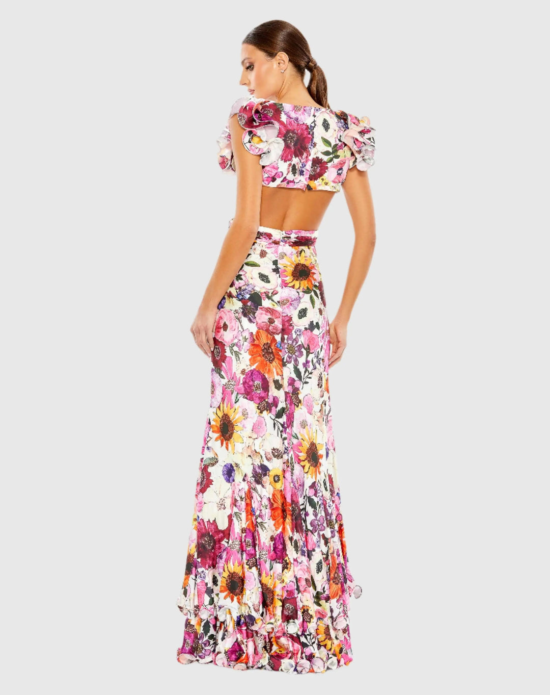 Mac Duggal 68107 Floral Print Ruffle Shoulder Cut Out Gown
