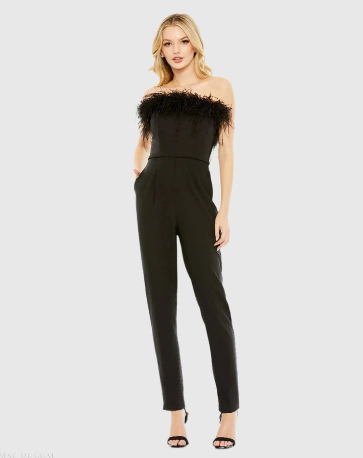 Mac Duggal 68146 Strapless Jumpsuit with Feather Trim