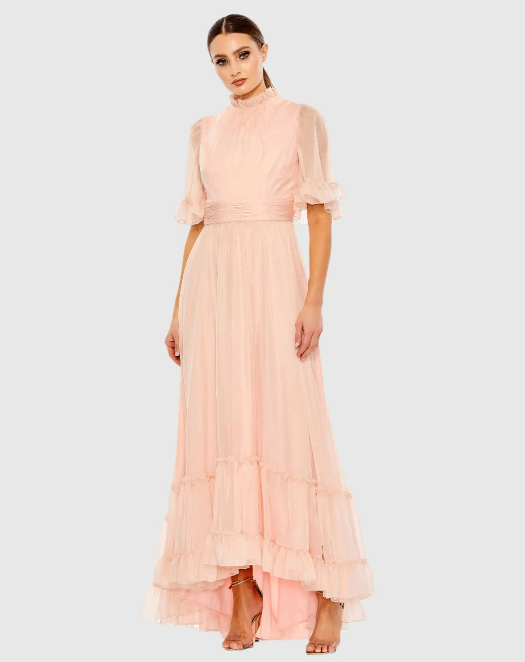 Mac Duggal 68229 Ruffled Mock Neck Flutter Sleeve High Low Hem Gown