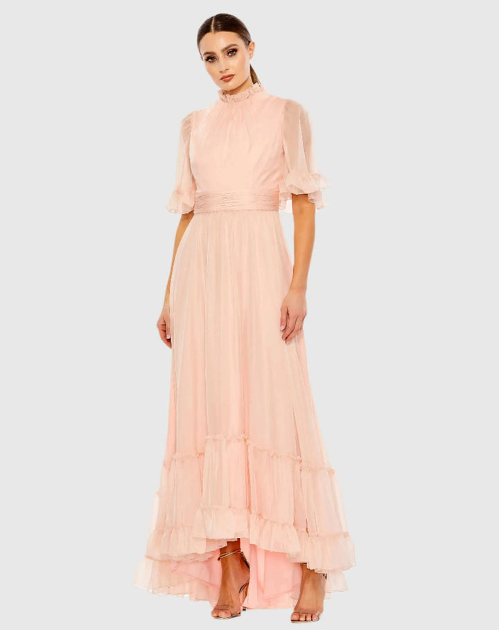 Mac Duggal 68229 Ruffled Mock Neck Flutter Sleeve High Low Hem Gown