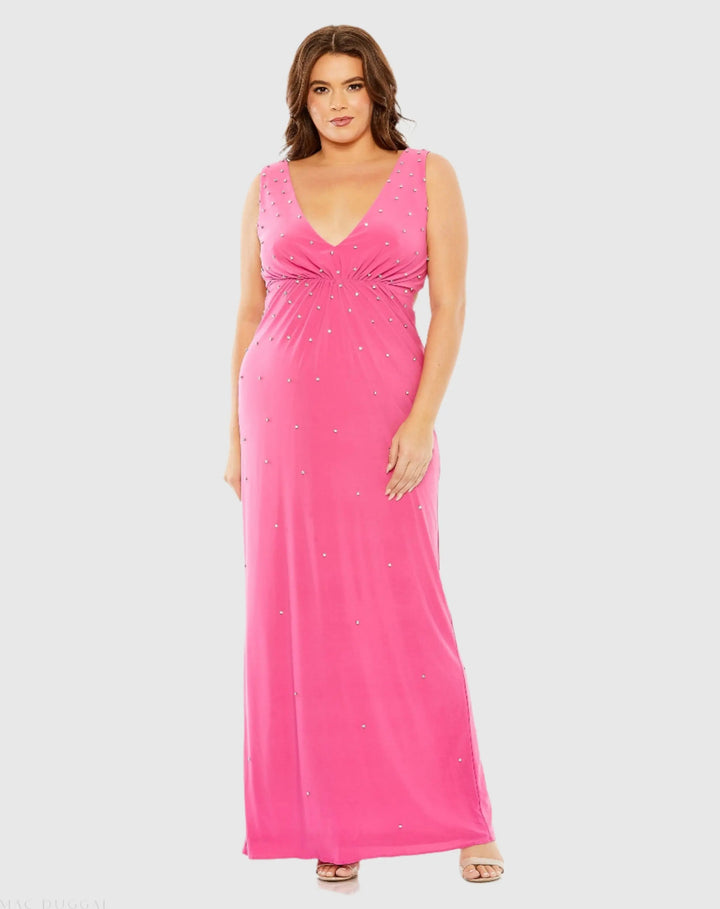 Mac Duggal 68353 Rhinestone Embellished Open Back Jersey Gown (Plus)
