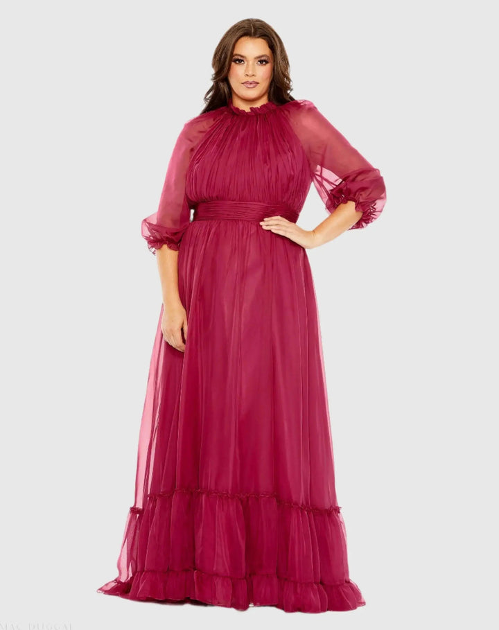 Mac Duggal 68426 High Neck Puff Sleeve Tiered A Line Gown