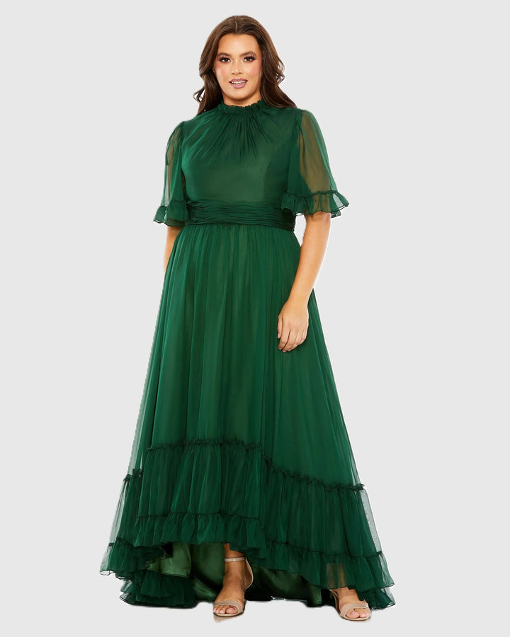 Mac Duggal 68427 Ruffle Tiered High Low Flutter Sleeve Gown (Plus)