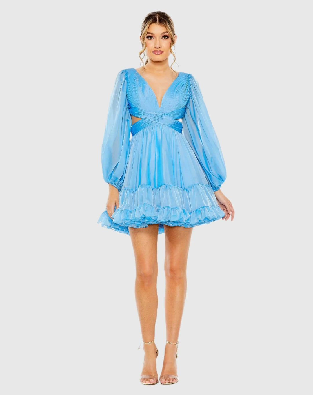 Mac Duggal 68451 Chiffon Cut Out Long Sleeve Mini Dress