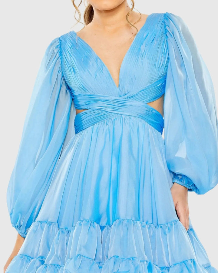 Mac Duggal 68451 Chiffon Cut Out Long Sleeve Mini Dress
