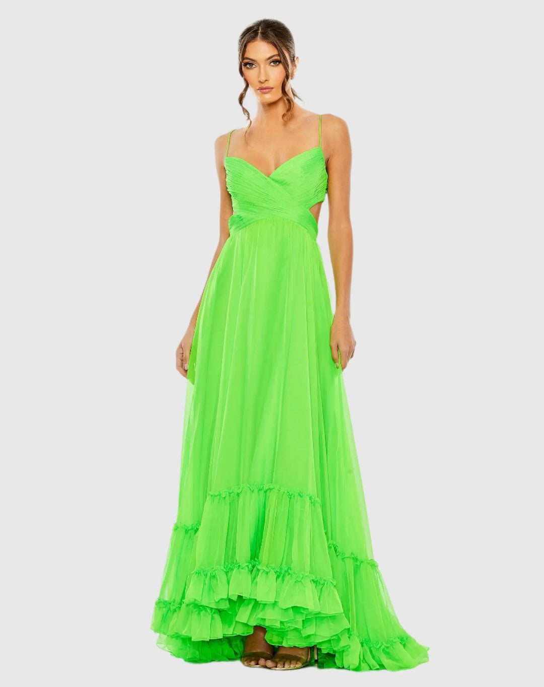 Mac Duggal 68477 Green Ruched Tiered Spaghetti Strap Gown