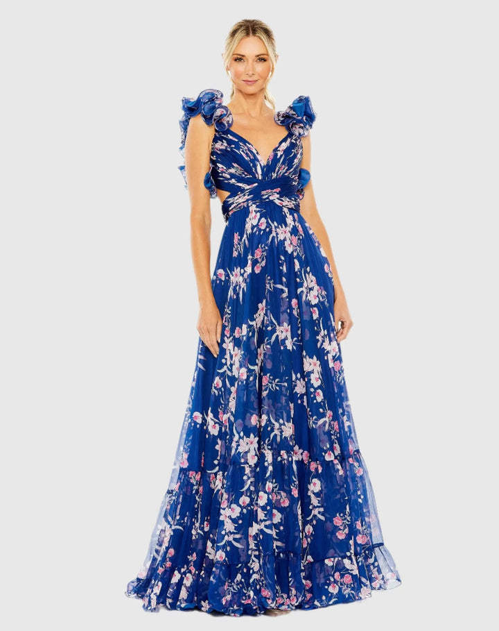 Mac Duggal 68520 Ruffle Tiered Floral Cut-Out Chiffon Gown
