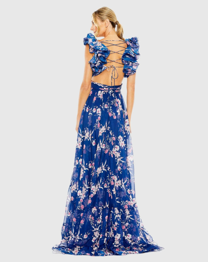 Mac Duggal 68520 Ruffle Tiered Floral Cut-Out Chiffon Gown