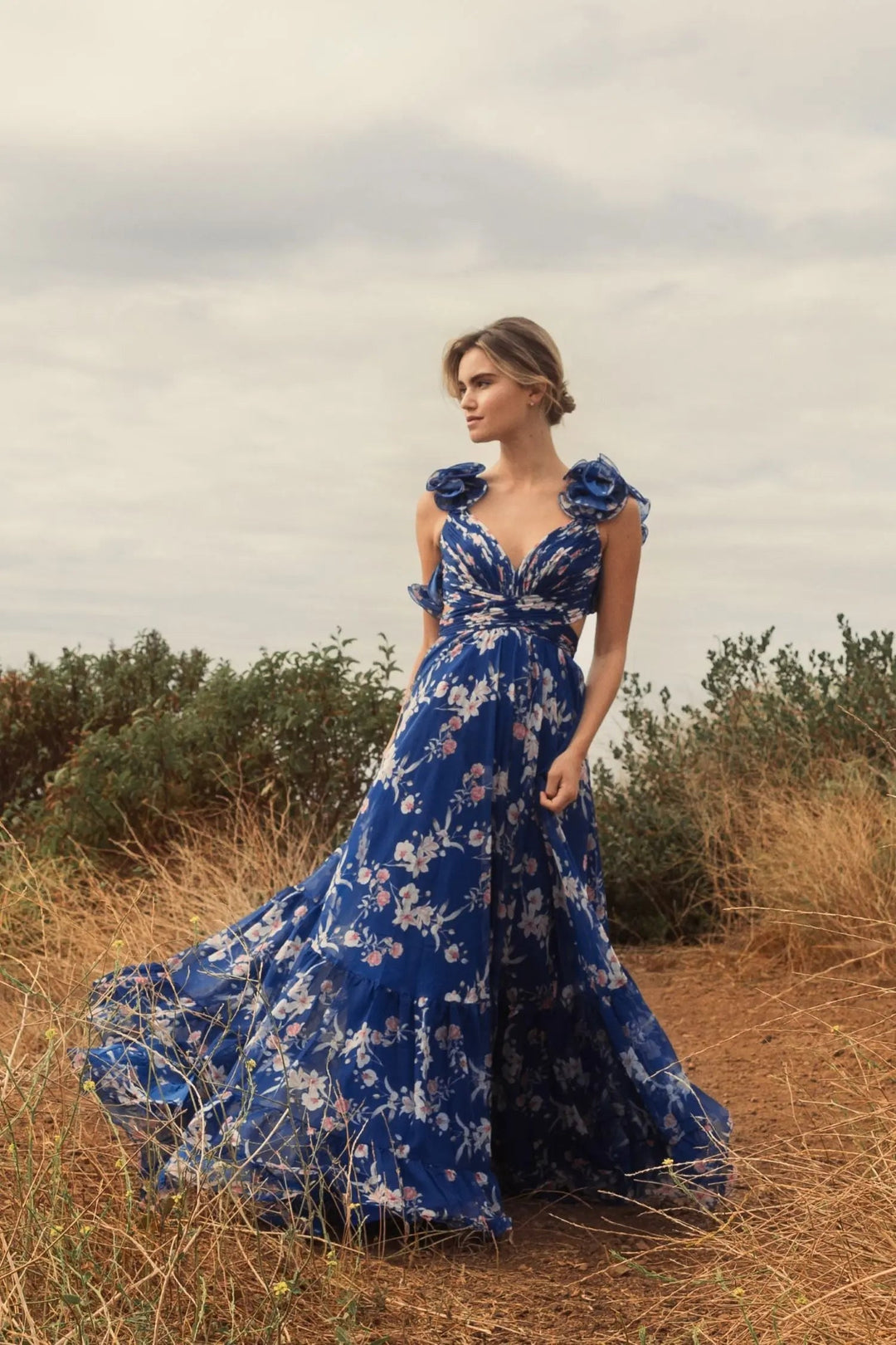 Mac Duggal 68520 Ruffle Tiered Floral Cut-Out Chiffon Gown