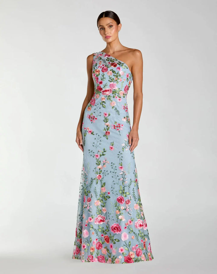 Mac Duggal 68606 Petite Green One Shoulder Floral Embroidered Gown