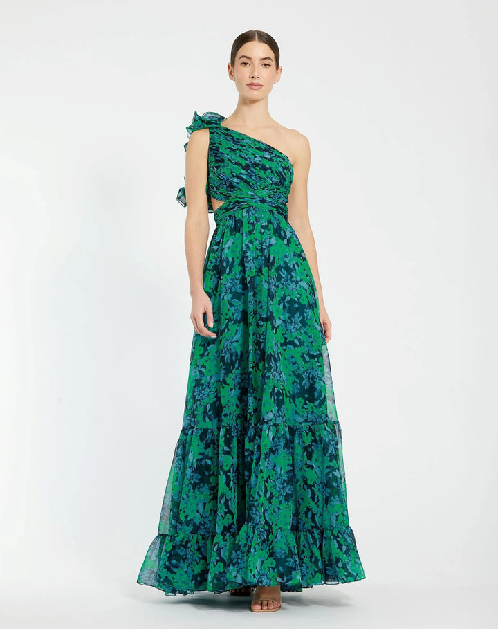 Mac Duggal 68650 One Shoulder Ruffle Tiered Cut-Out Chiffon Gown