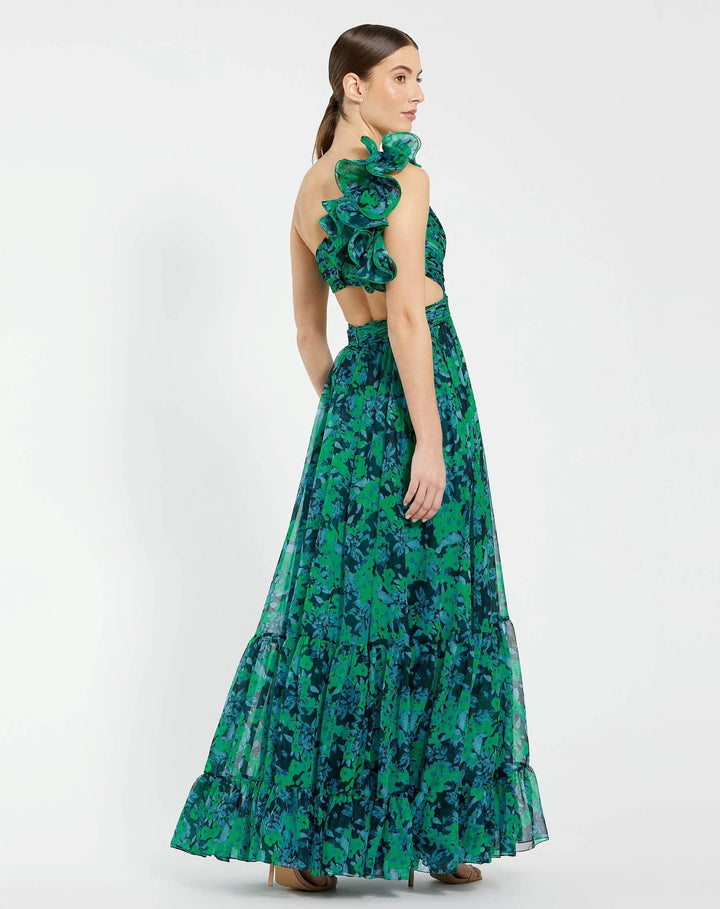 Mac Duggal 68650 One Shoulder Ruffle Tiered Cut-Out Chiffon Gown