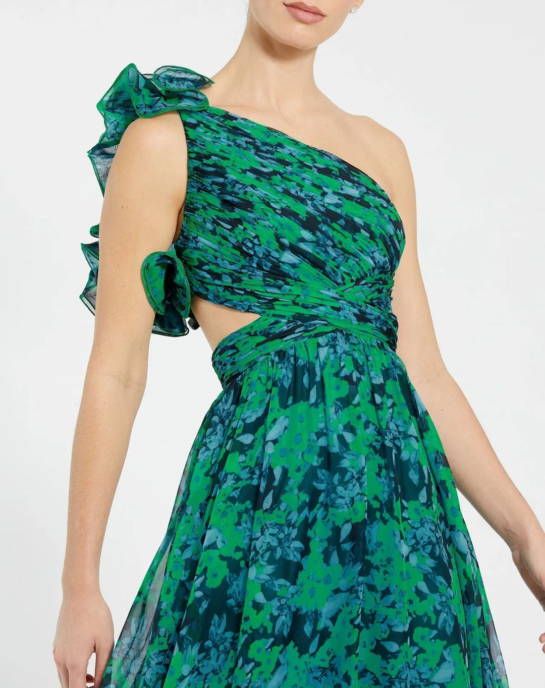Mac Duggal 68650 One Shoulder Ruffle Tiered Cut-Out Chiffon Gown