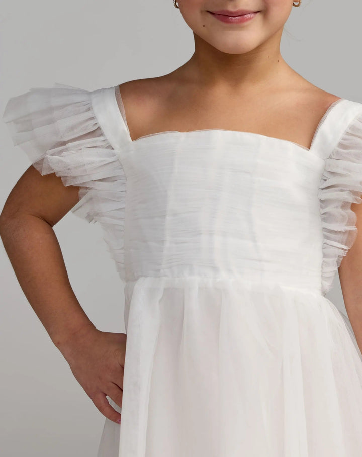 Mac Duggal 68661 Girls White Ruffle Shoulder Tulle Dress