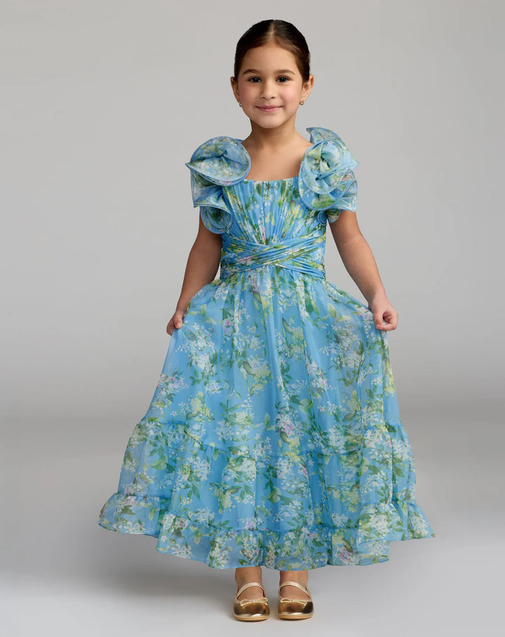 Mac Duggal 68669 Girls Pink Floral Chiffon Ruffle Shoulder Dress