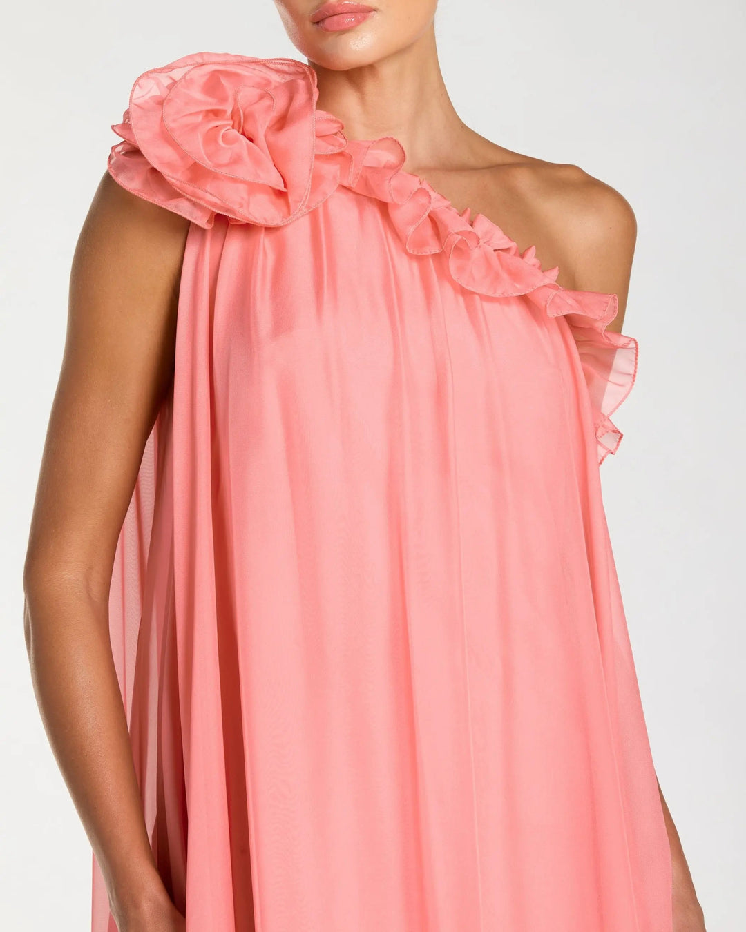 Pink One Shoulder Chiffon Gown With 3D Rosette - FOSTANI.com