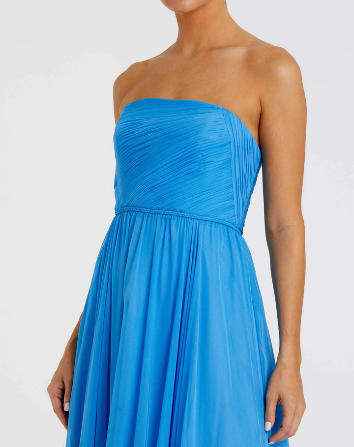 Blue Strapless Chiffon Gown With Braided Belt - FOSTANI.com