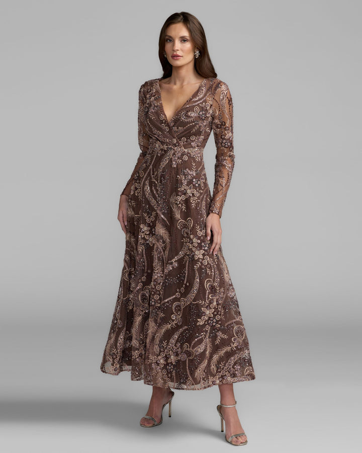 Mac Duggal 68906 Embroidered Long Sleeve V-Neck Midi Dress