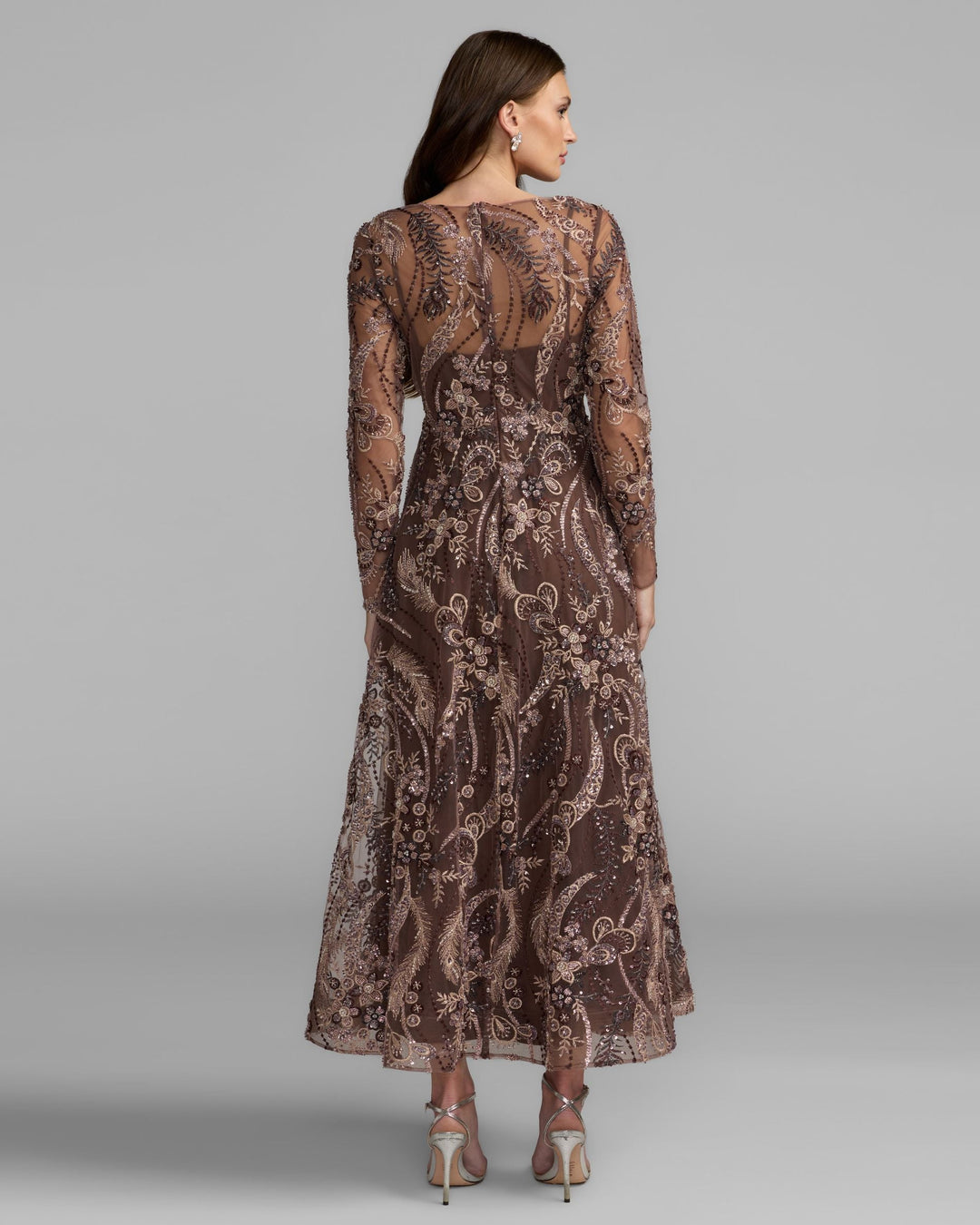 Mac Duggal 68906 Embroidered Long Sleeve V-Neck Midi Dress