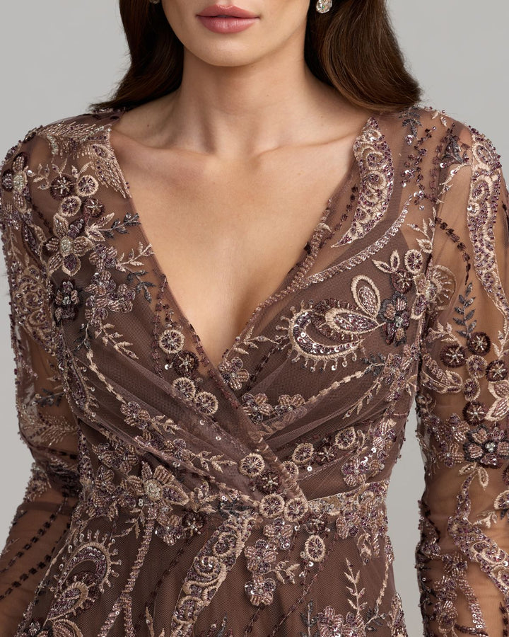 Mac Duggal 68906 Embroidered Long Sleeve V-Neck Midi Dress