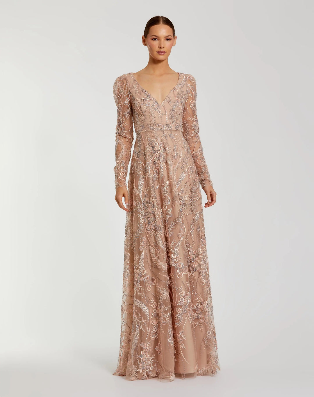 Mac Duggal 68908 Embroidered Long Sleeve V Neck Gown