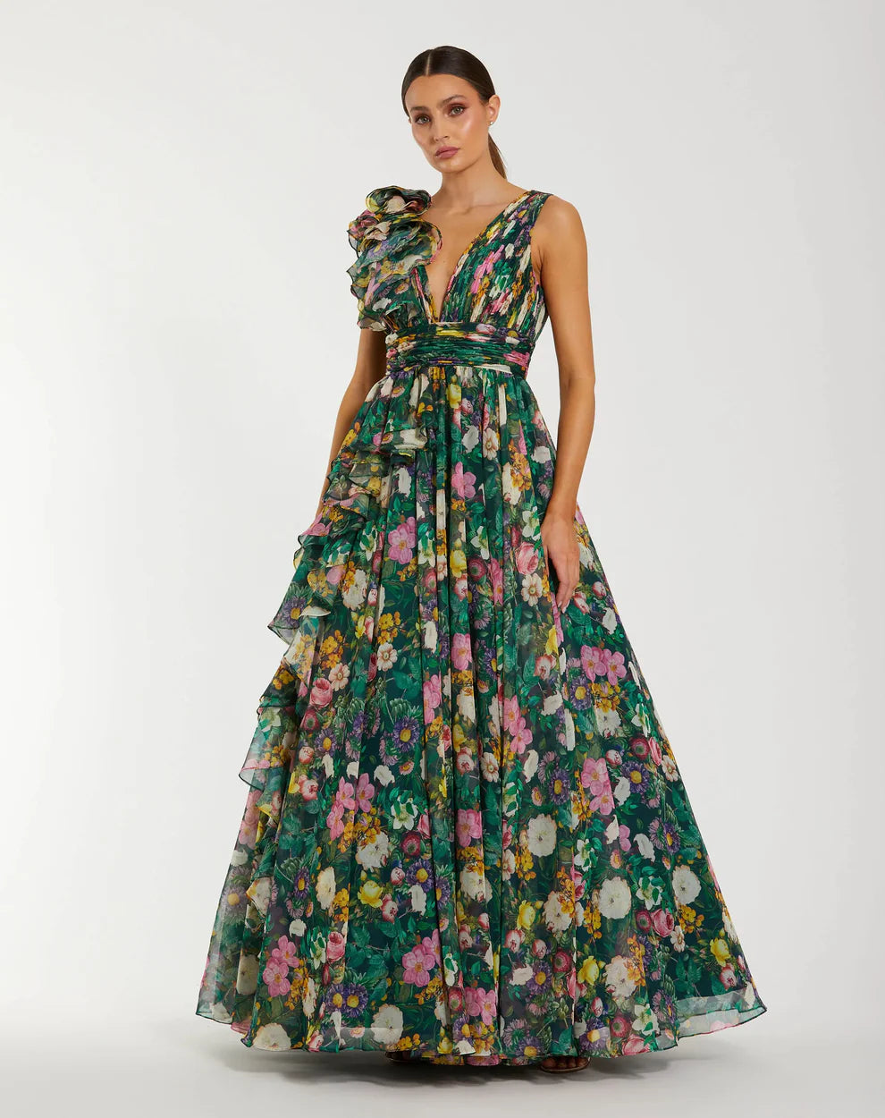 Mac Duggal 9948856P Petite Pink Ruffle Shoulder V-Neck Chiffon Gown