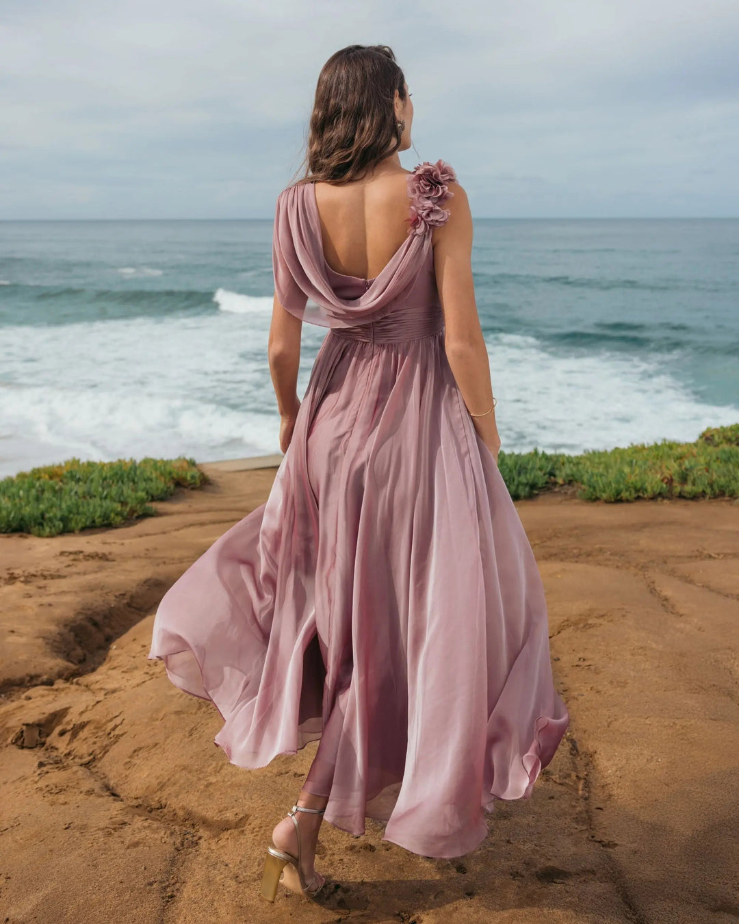 Mac Duggal 68967 Pink Chiffon Cowl Neck Dress With 3D Flowers