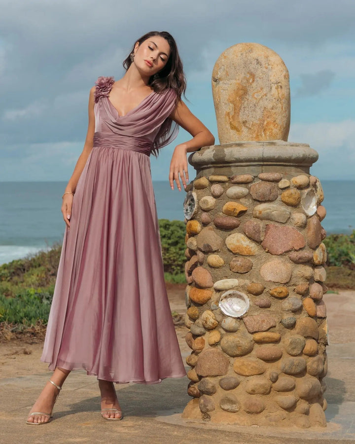 Mac Duggal 68967 Pink Chiffon Cowl Neck Dress With 3D Flowers