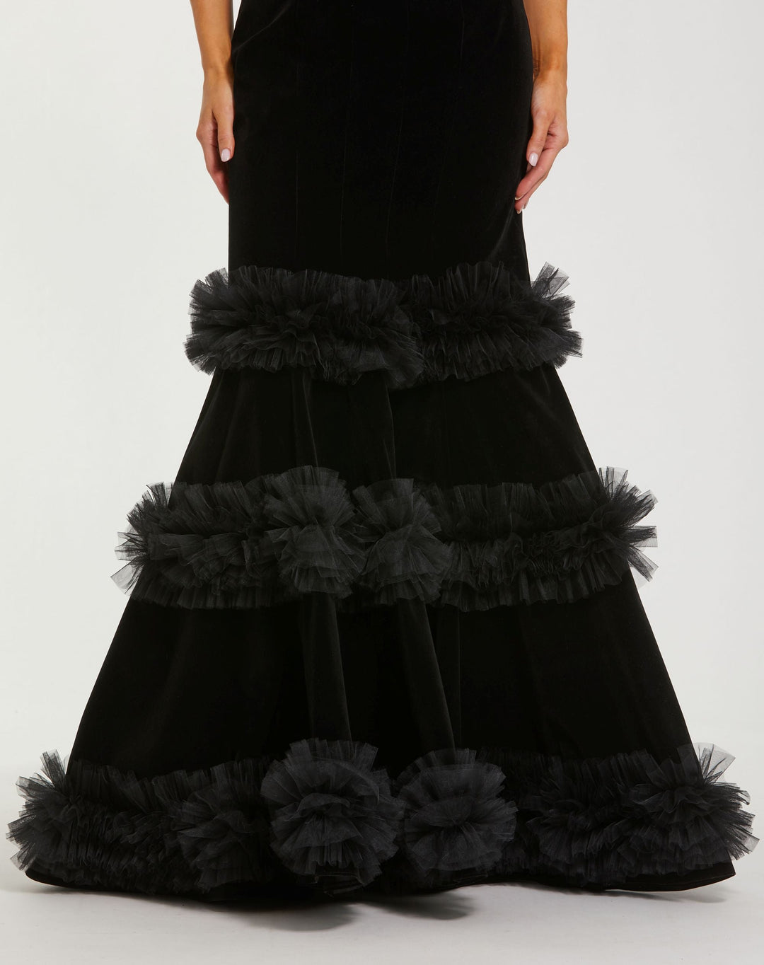 Mac Duggal 68982 Strapless Velvet Mermaid Gown With Tiered Ruffles