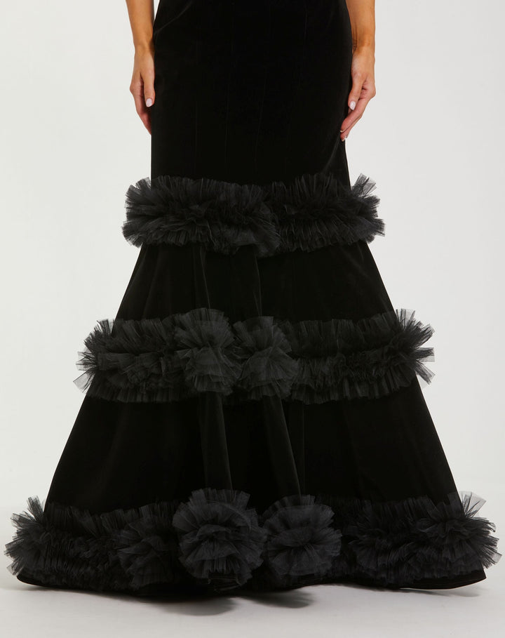 Mac Duggal 68982 Strapless Velvet Mermaid Gown With Tiered Ruffles